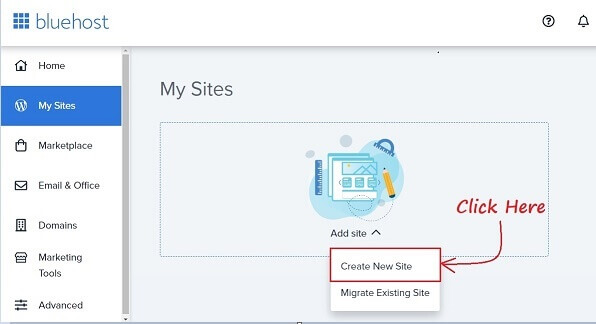 Bluehost My Sites Create New Site