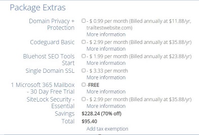 Bluehost Package Extras Information