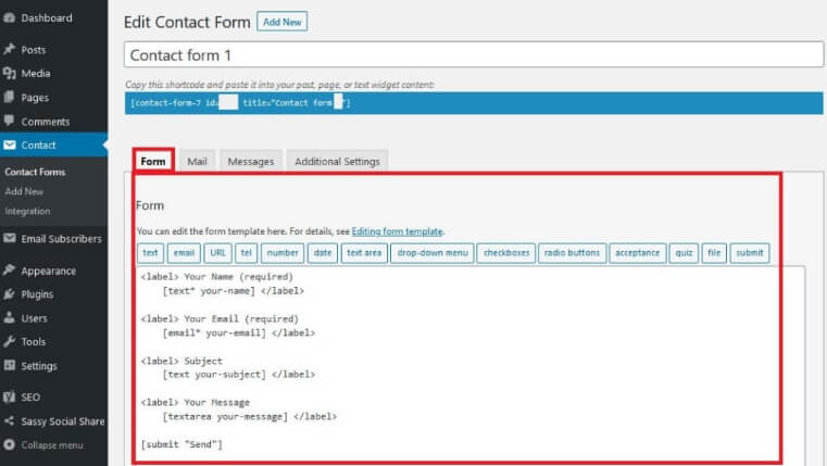 Configure Contact Form 7 Form Menu Item