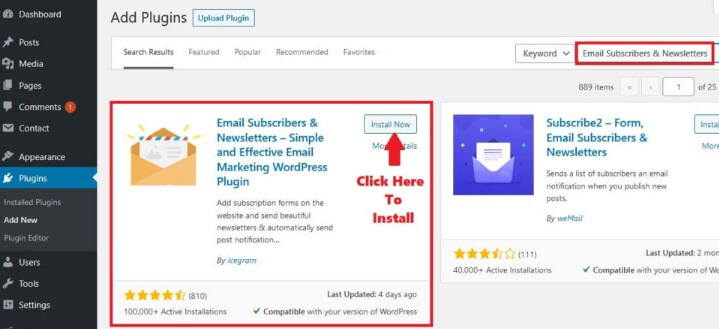 Email Subscribers And Newsletter WordPress Dashboard Search And Install