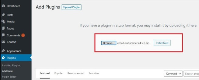 Email Subscribers And Newsletters WordPress Dashboard Browse Upload And Install