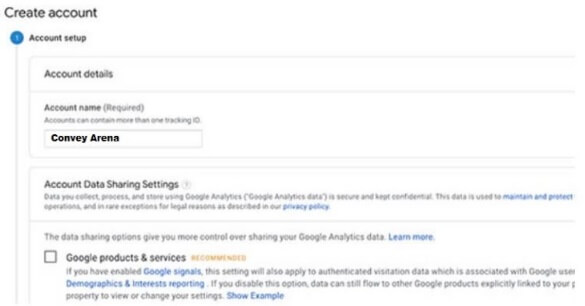 Google Analytics Create Account Page