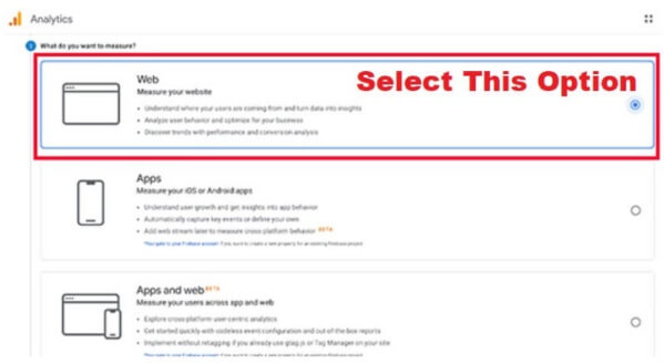 Google Analytics Select Web Option