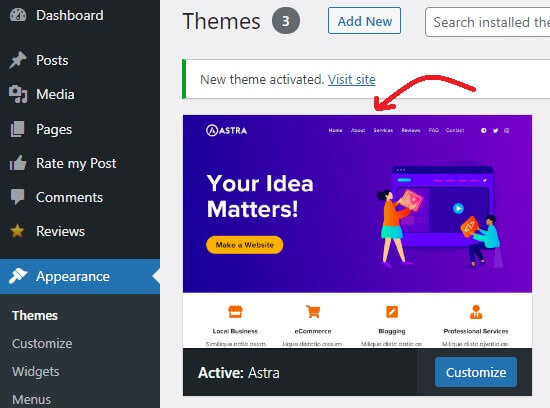 New Astra Theme Activated Successfully