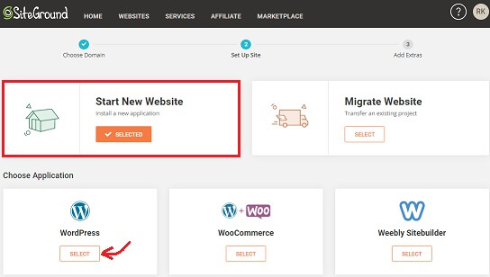 SiteGround Start New Website Choose WordPress