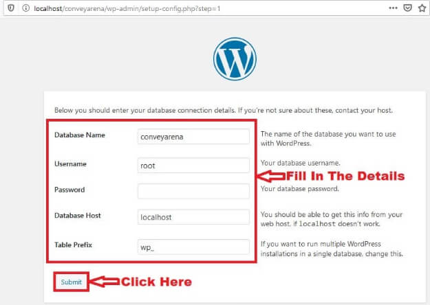 WordPress Localhost Enter Details