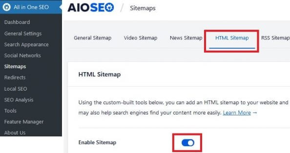 AIOSEO Enable HTML Sitemap