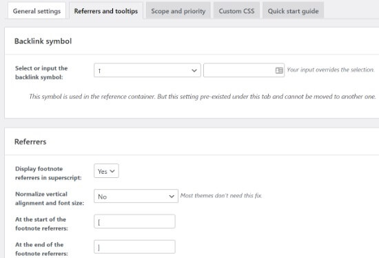 Footnotes Plugin Change Referrer And Tooltips Settings