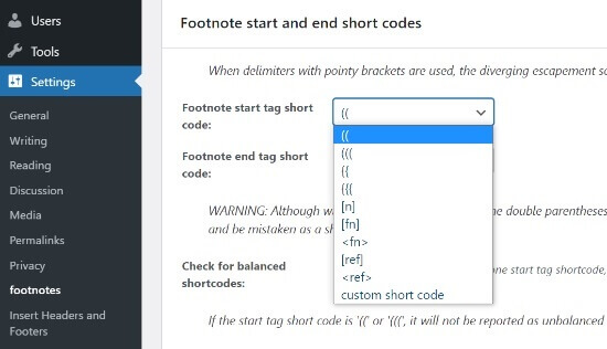 Footnotes Plugin Select Start And End Shortcodes