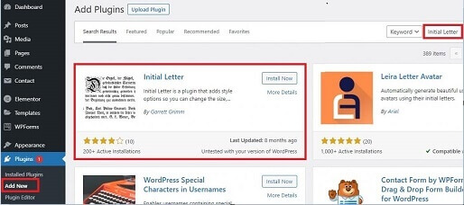 Initial Letter Plugin Install Activate