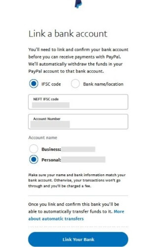 PayPal Link Bank Account Information