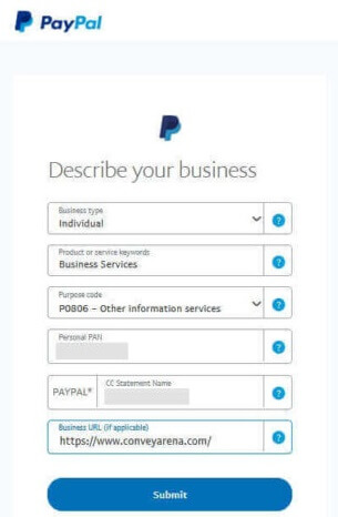 PayPal Sign Up Business Account Information Extra