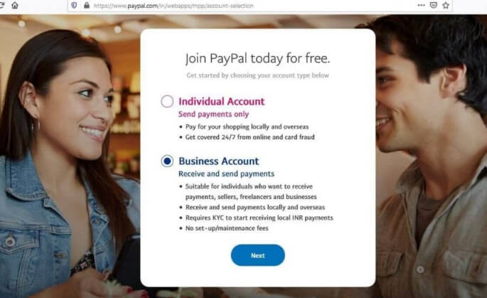 PayPal Sign Up Select Business Account