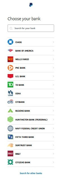 PayPal US Choose Your Bank
