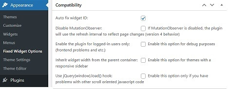 Q2W3 Fixed Widget Options Compatability Settings