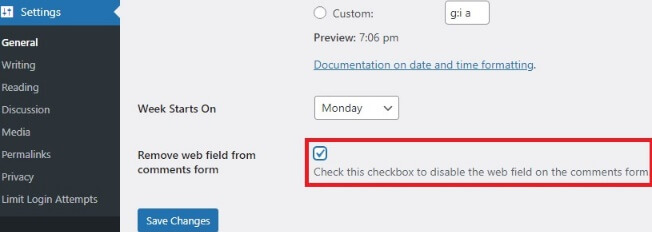 Remove Web Field From Comments Form Settings