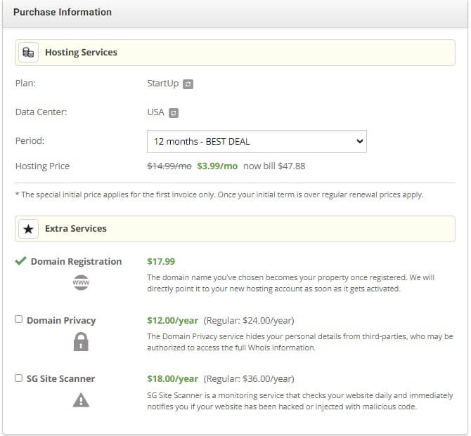 SiteGround Purchase Information