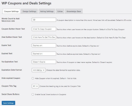 WP Coupon Coupon Settings