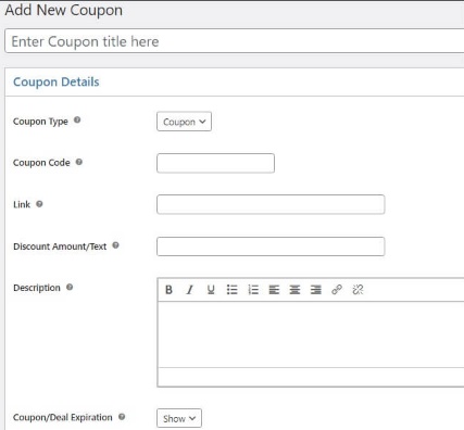 WP Coupons Add New Coupon Options