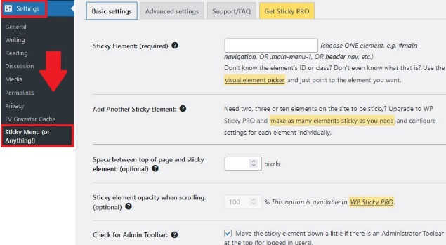Sticky Menu Settings Page