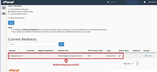 Redirecting Successful In cPanel